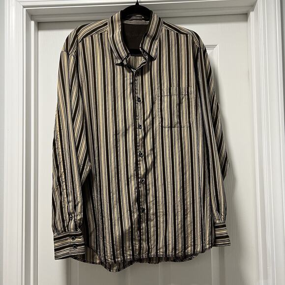 Tommy Bahama silk stripe long sleeve brown‎ blue yellow button up collar XL/TG - Picture 4 of 12